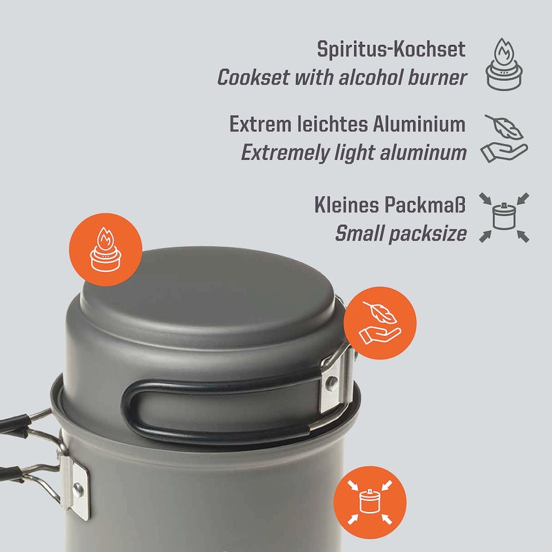 Esbit CS985HA 5-Piece Lightweight Trekking Cook Set with Brass Alcohol Burner Stove and 2 Anodized Aluminum Pots, Grey, 985ml - Image 2